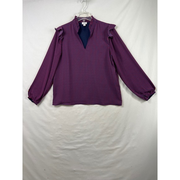 J.Crew Tops - J.Crew Ruffle Shoulder Blouse Womens Size S Navy Blue Red Geometric Print V-Neck
